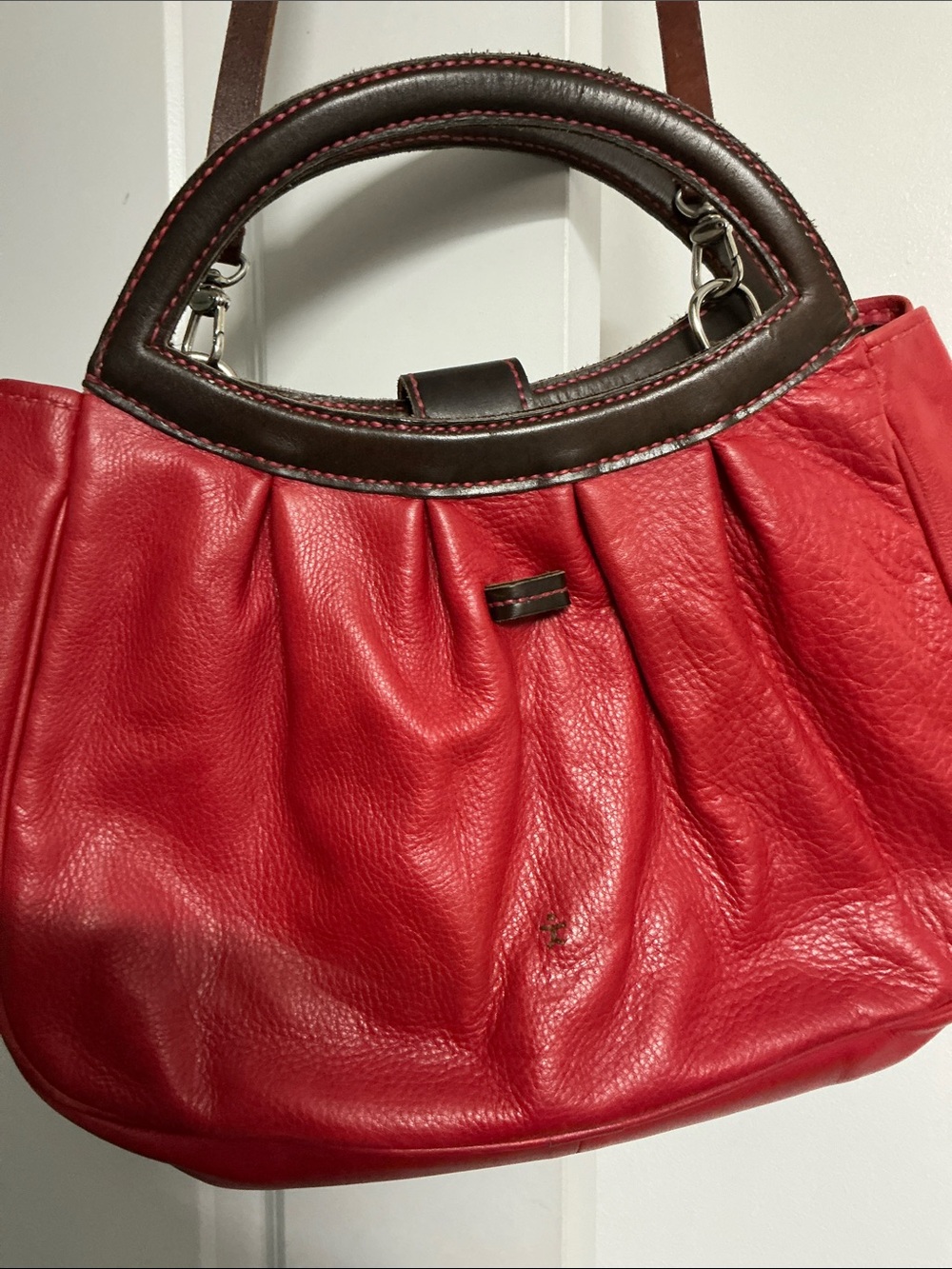 Henry Cuir Red Leather Tote with Dark Brown Trim, EUC - Picture 2 of 4